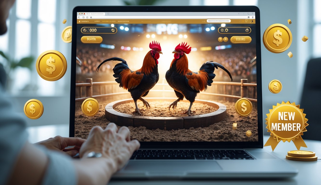 Seseorang menggunakan komputer untuk menonton pertandingan sabung ayam online dengan gambar dua ayam jago bertarung di layar.