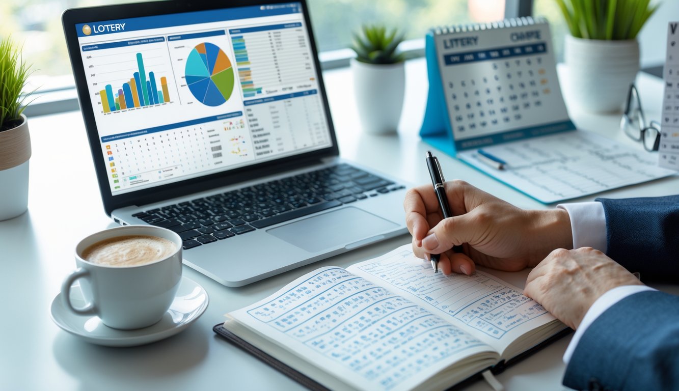 Meja kerja modern dengan laptop menampilkan grafik, tangan memegang pena di atas buku catatan, dan ponsel dengan tampilan tiket lotre digital.