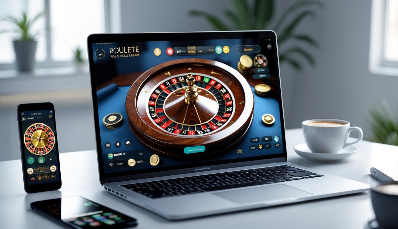 Sebuah laptop menampilkan permainan roulette online dengan roda roulette yang berputar di layar, diletakkan di atas meja bersih dengan pencahayaan alami.