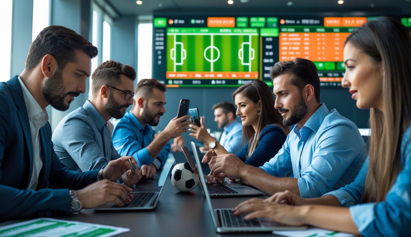 Beberapa orang menggunakan perangkat digital untuk melihat peluang taruhan sepak bola di ruangan modern.
