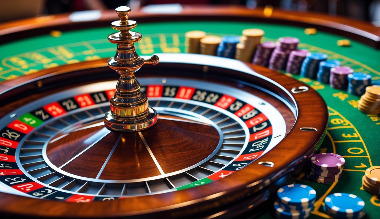 Meja roulette dengan bola yang berputar dan chip taruhan di atas meja hijau di kasino.