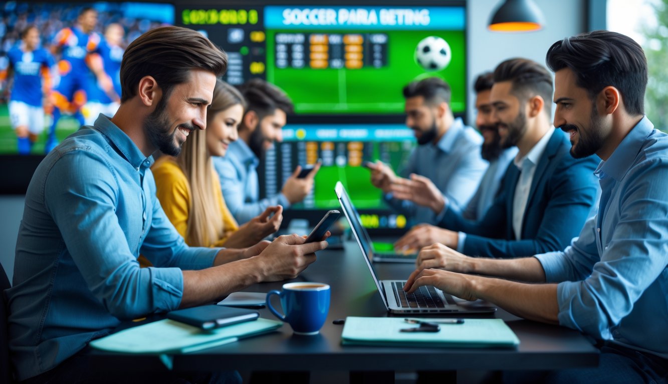 Orang-orang menggunakan ponsel dan laptop untuk memasang taruhan bola dalam ruangan modern dengan layar digital yang menampilkan statistik pertandingan sepak bola.