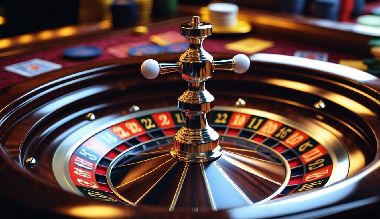 Roda roulette yang sedang berputar di atas meja kasino dengan bola yang bergerak mengelilingi roda.