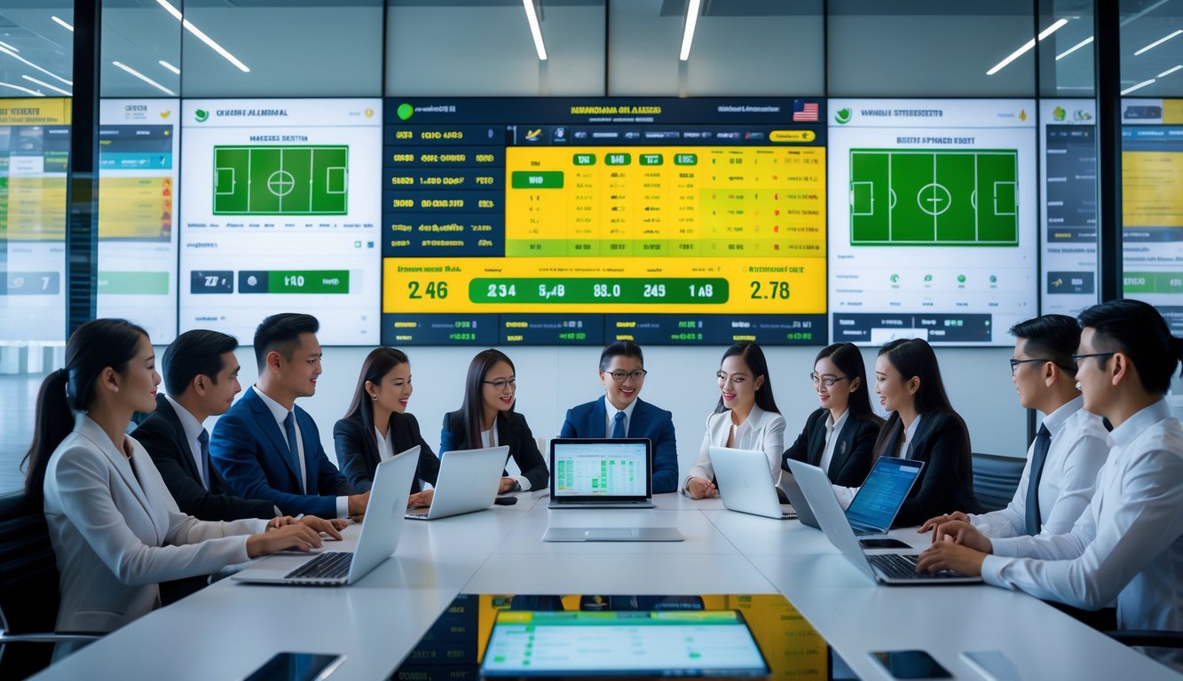 Sekelompok profesional sedang berdiskusi di kantor modern dengan perangkat digital yang menampilkan data pertandingan sepak bola dan peluang taruhan.