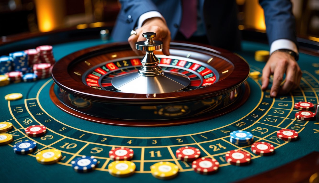 Meja roulette dengan roda berputar dan tangan yang sedang meletakkan chip taruhan.