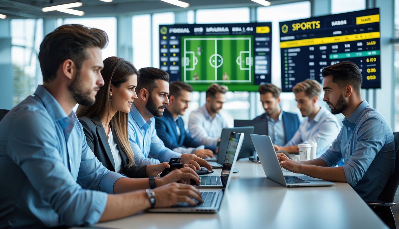 Beberapa orang menggunakan laptop dan ponsel di kantor modern sambil melihat pertandingan sepak bola dan data taruhan.