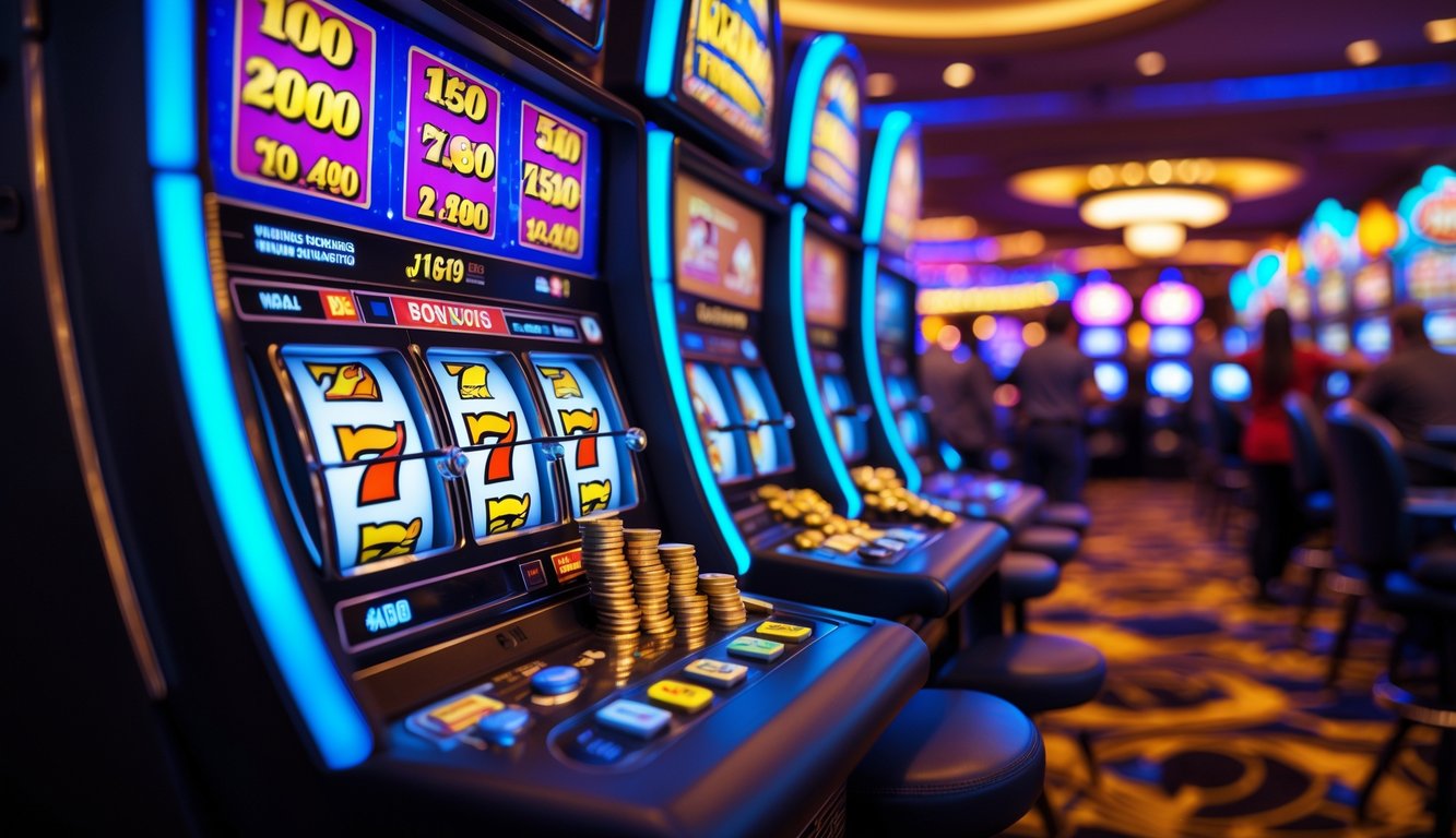 Area mesin slot kasino dengan mesin yang sedang memberikan hadiah besar dan koin keluar, dengan suasana kasino yang ramai di latar belakang.