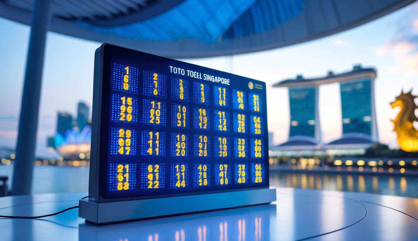 Papan digital dengan angka yang berubah cepat, di latar belakang terlihat siluet ikon terkenal Singapura seperti Marina Bay Sands.