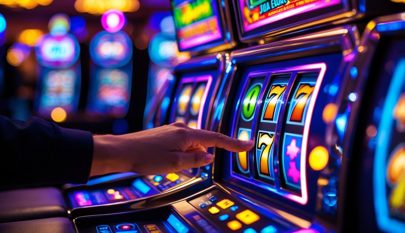 Mesin slot kasino modern dengan tangan seseorang menekan tombol putar di suasana kasino yang cerah.