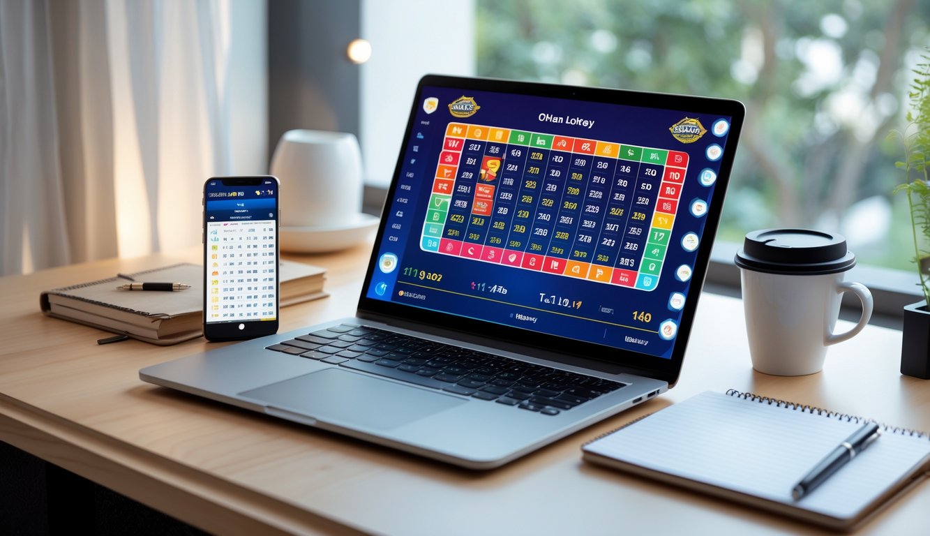Meja kerja modern dengan laptop menampilkan antarmuka lotere digital dan ponsel di sampingnya, suasana terang dengan cahaya alami.