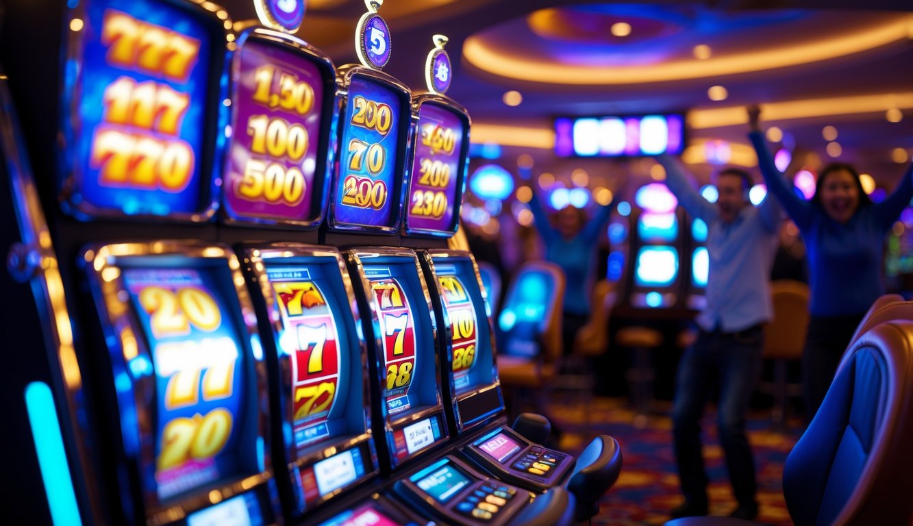 Mesin slot modern dengan gulungan berwarna-warni yang berputar dan pemain yang tampak senang di latar belakang.