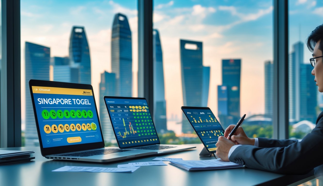 Seorang pria sedang menganalisis data di meja kerja dengan perangkat digital, latar belakang pemandangan kota Singapura.