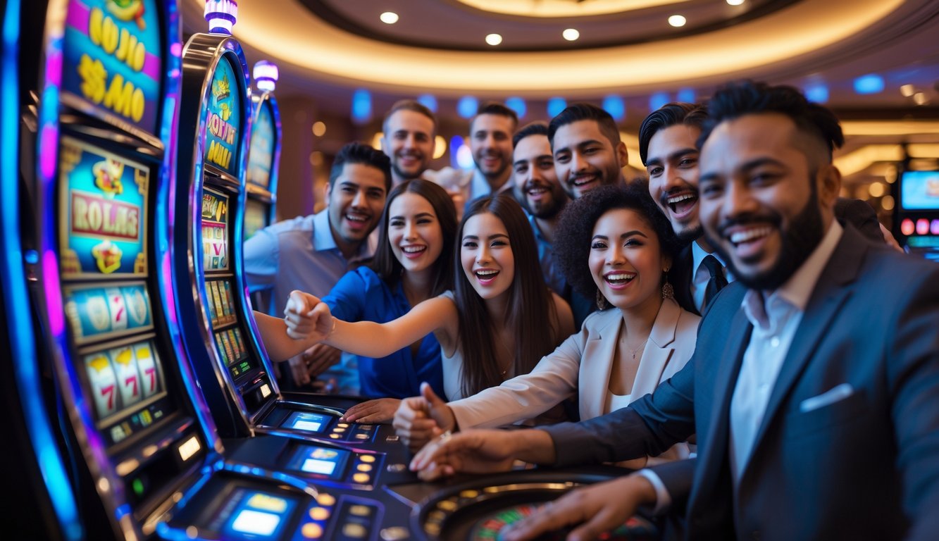 Beberapa orang baru yang bersemangat bermain mesin slot di kasino dengan lampu warna-warni dan suasana yang meriah.