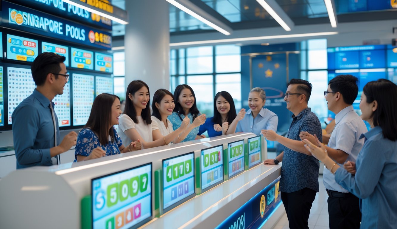 Orang-orang beragam sedang berpartisipasi dalam proses lotre di sebuah konter modern dengan layar digital di latar belakang kota.