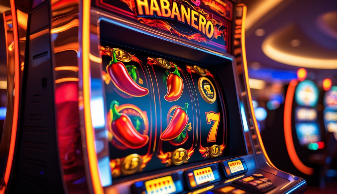 Mesin slot dengan tema cabai habanero yang berwarna merah dan oranye dengan ikon cabai, api, koin emas, dan angka tujuh di layar, di latar belakang lantai kasino yang samar.