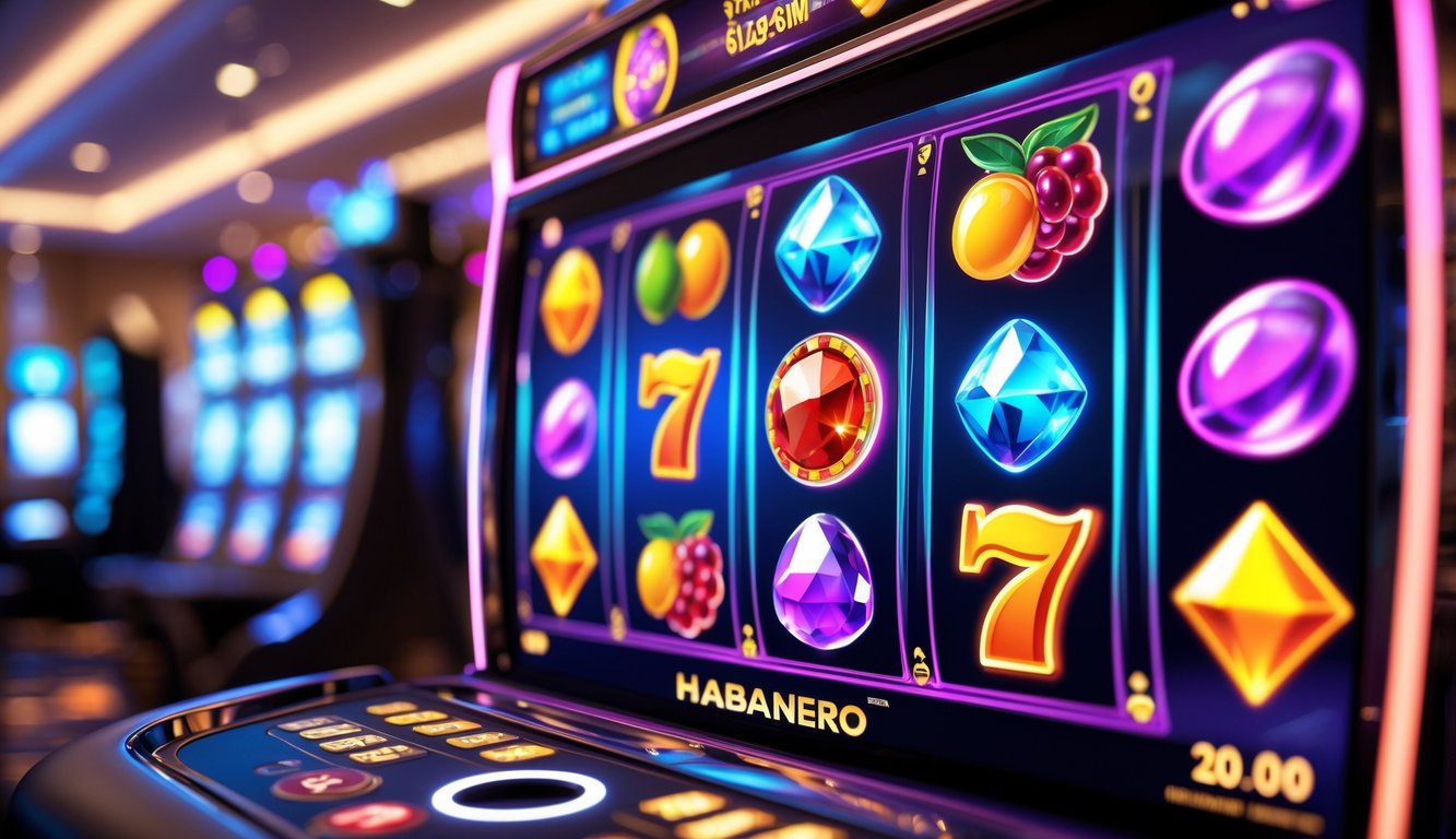 Tampilan layar mesin slot digital dengan simbol berwarna-warni di latar belakang kasino modern.