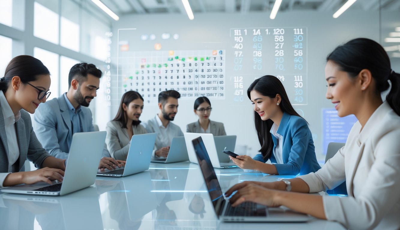 Orang-orang menggunakan laptop dan ponsel di kantor modern dengan layar digital menampilkan angka togel.