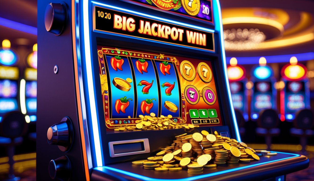 Mesin slot kasino modern dengan lampu warna-warni dan koin yang keluar saat jackpot besar.