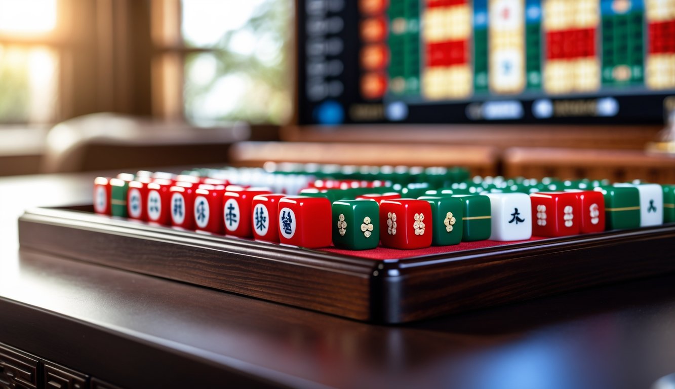 Meja Mahjong dengan ubin Mahjong yang tersusun rapi dalam suasana permainan yang cerah dan menarik.