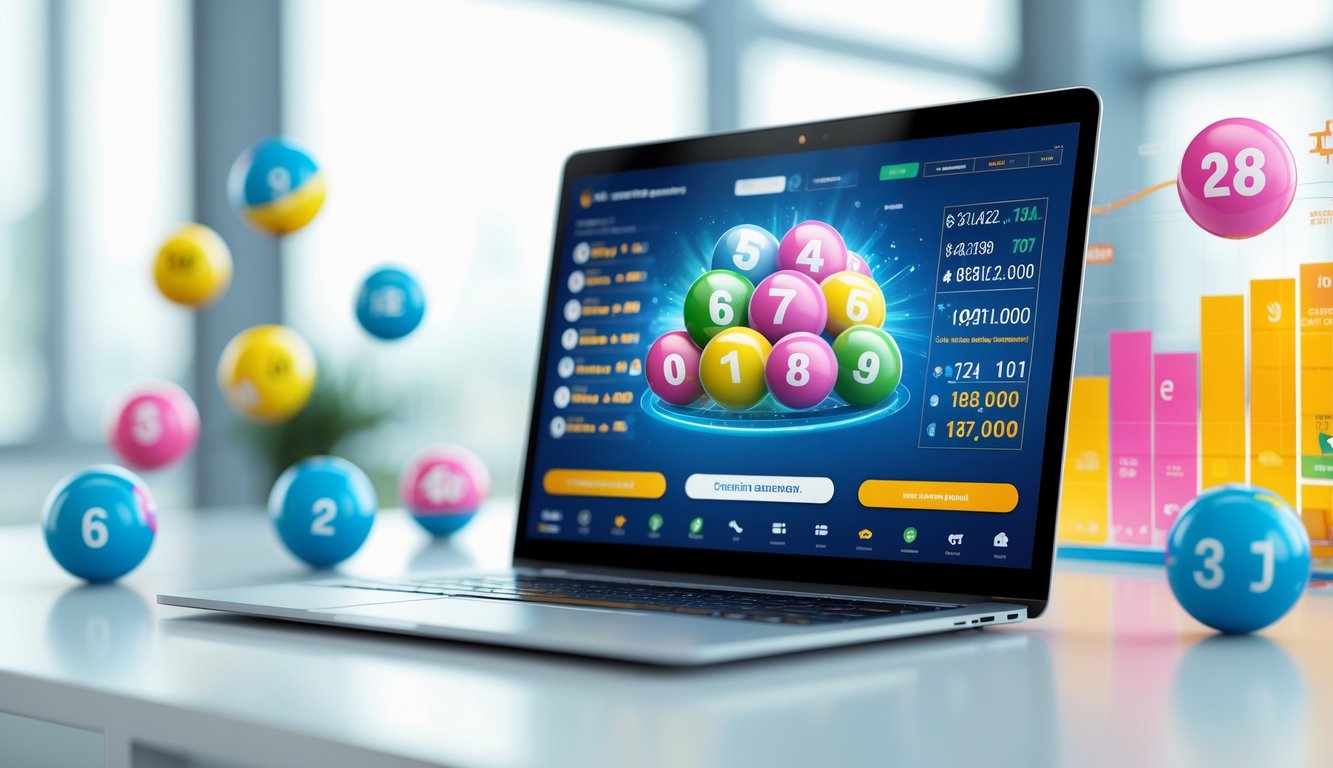 Seorang pengguna sedang melihat layar laptop yang menampilkan antarmuka lotere online dengan angka dan grafik di meja kerja.