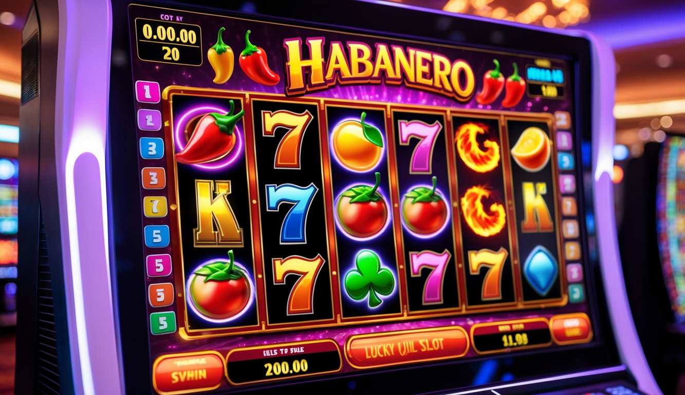 Layar mesin slot digital dengan simbol buah, angka tujuh, dan cabai merah yang berputar di kasino.