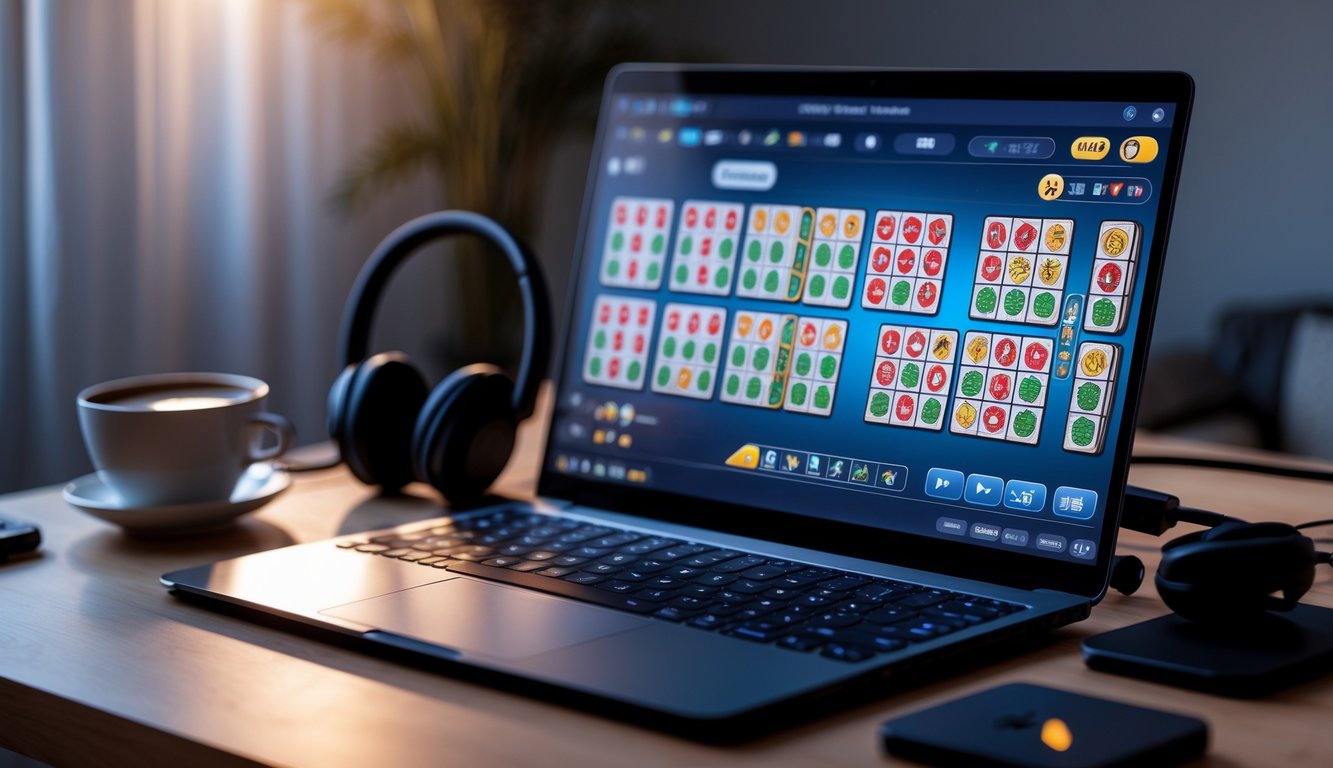 Sebuah laptop yang menampilkan permainan Mahjong digital di atas meja kayu dengan aksesori gaming di sekitarnya.