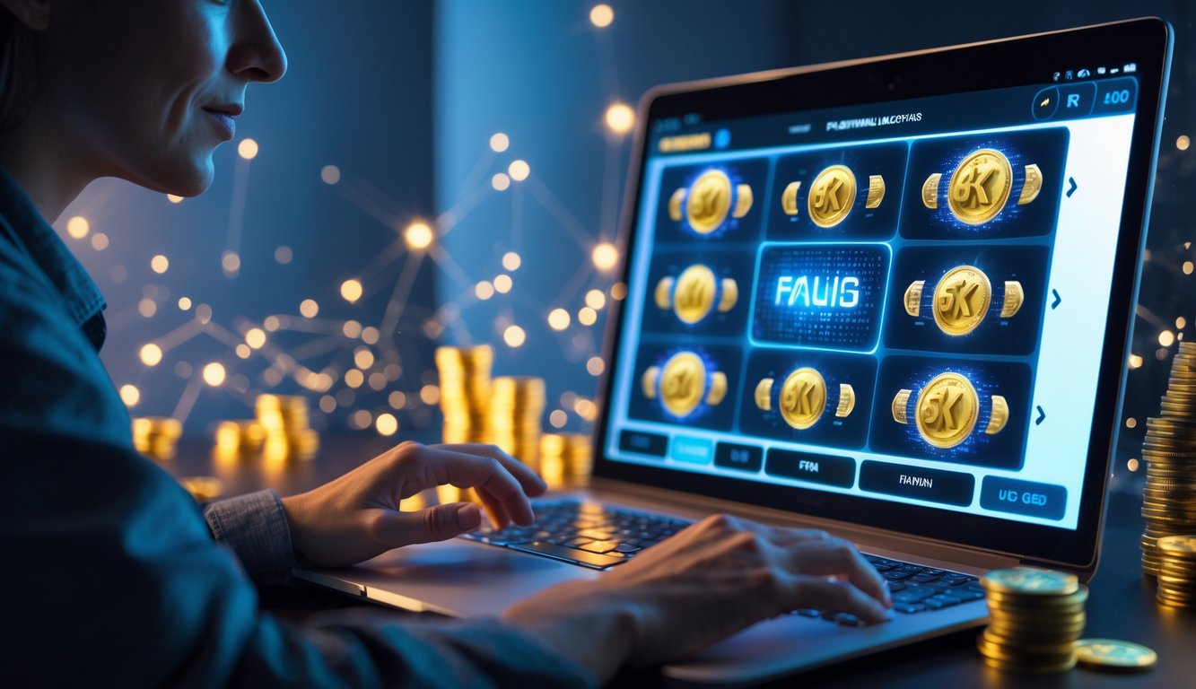 Seseorang menggunakan laptop dengan tampilan permainan slot online yang menyala di layar dalam ruangan yang redup.