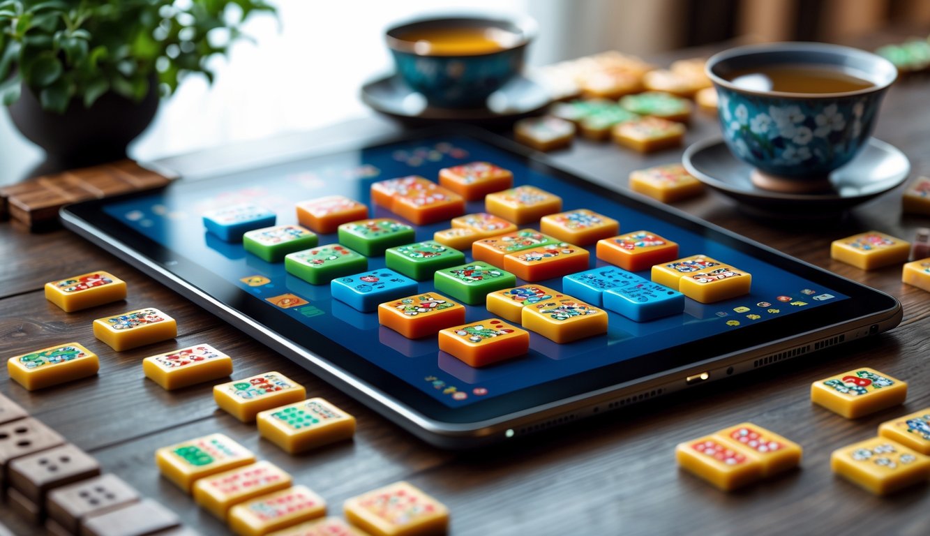 Sebuah tablet menampilkan permainan Mahjong dengan ubin warna-warni di atas meja kayu, dikelilingi oleh ubin Mahjong tradisional dan secangkir teh.