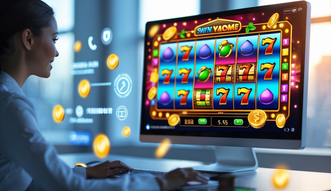 Sebuah ruang kerja modern dengan monitor menampilkan grafik mesin slot berwarna-warni yang sedang berputar.