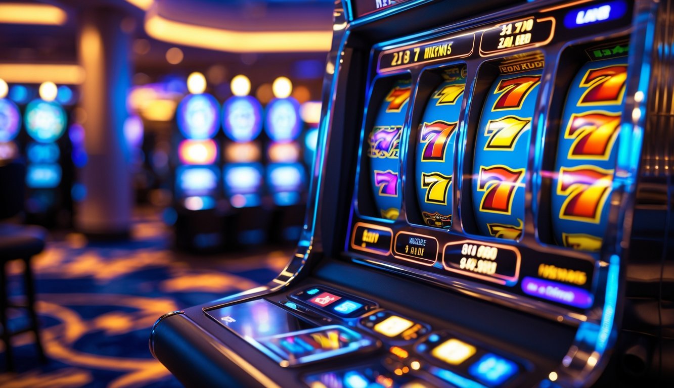 Tampilan dekat mesin slot digital yang sedang menampilkan kombinasi simbol kemenangan dengan latar belakang lantai kasino yang samar.