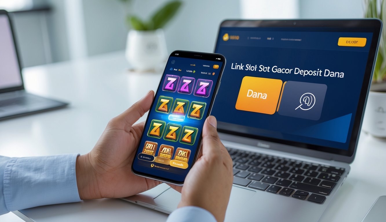 Seseorang menggunakan ponsel dan laptop untuk melakukan transaksi deposit dana pada permainan slot online.