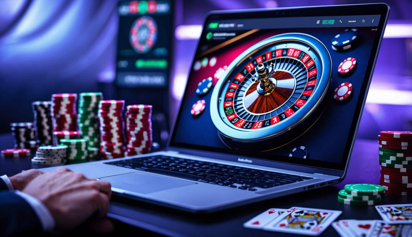 Sebuah komputer menampilkan permainan roulette digital dengan roda roulette berwarna merah dan hitam yang sedang berputar, dikelilingi oleh chip poker dan kartu remi.
