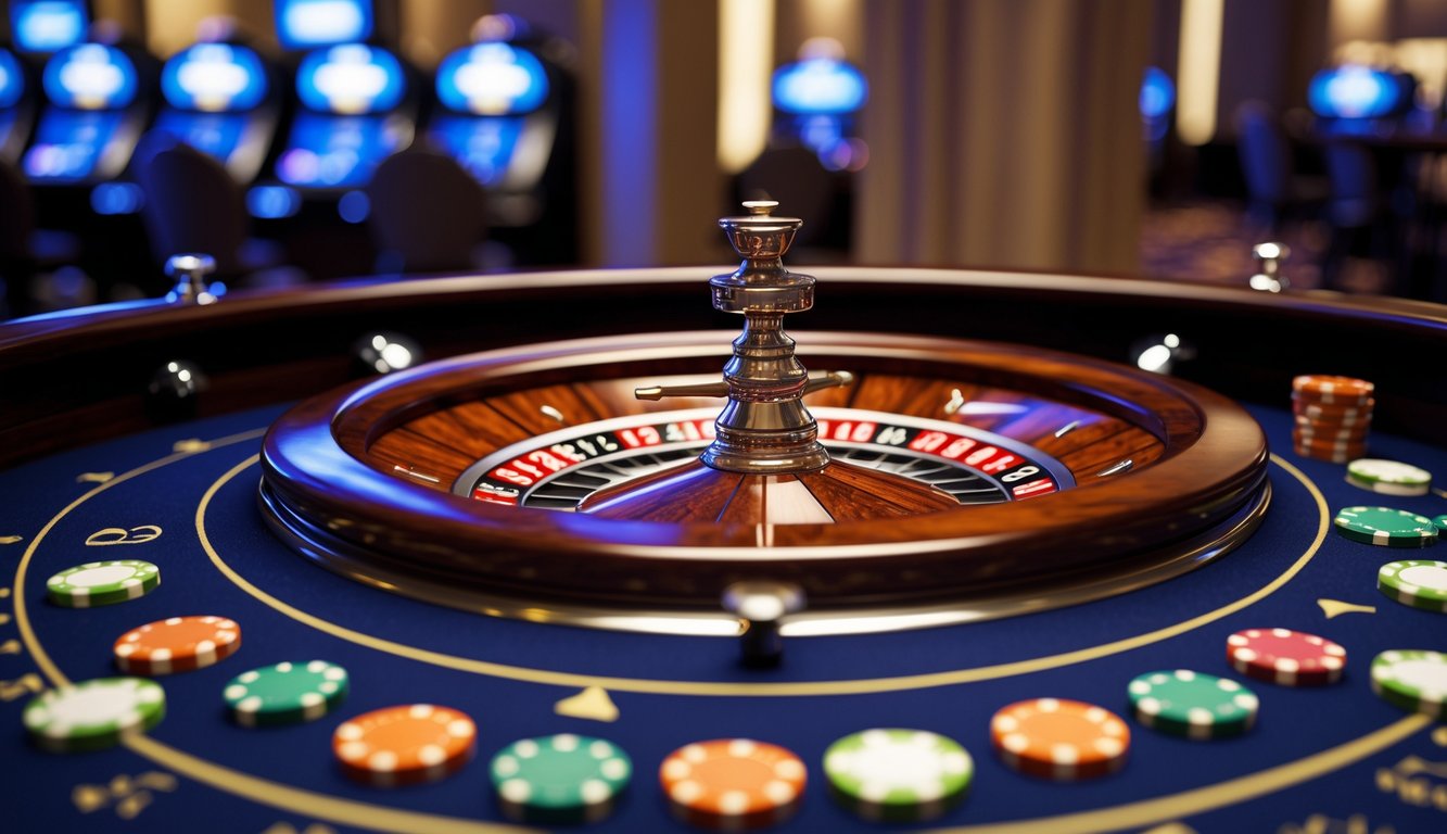 Meja roulette dengan roda berputar dan chip warna-warni di lingkungan kasino yang elegan.