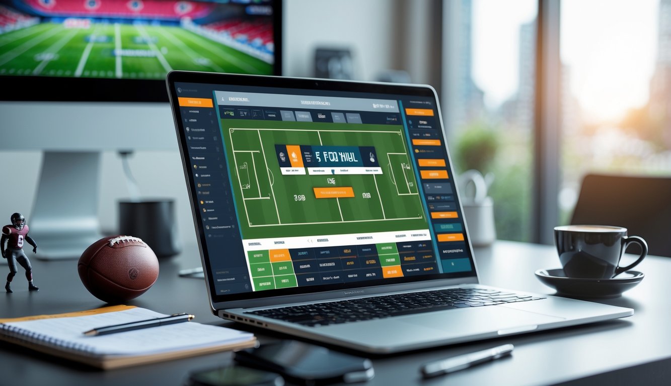Meja kerja modern dengan laptop yang menampilkan antarmuka taruhan olahraga dan smartphone di sampingnya, dengan dekorasi bertema sepak bola di latar belakang.