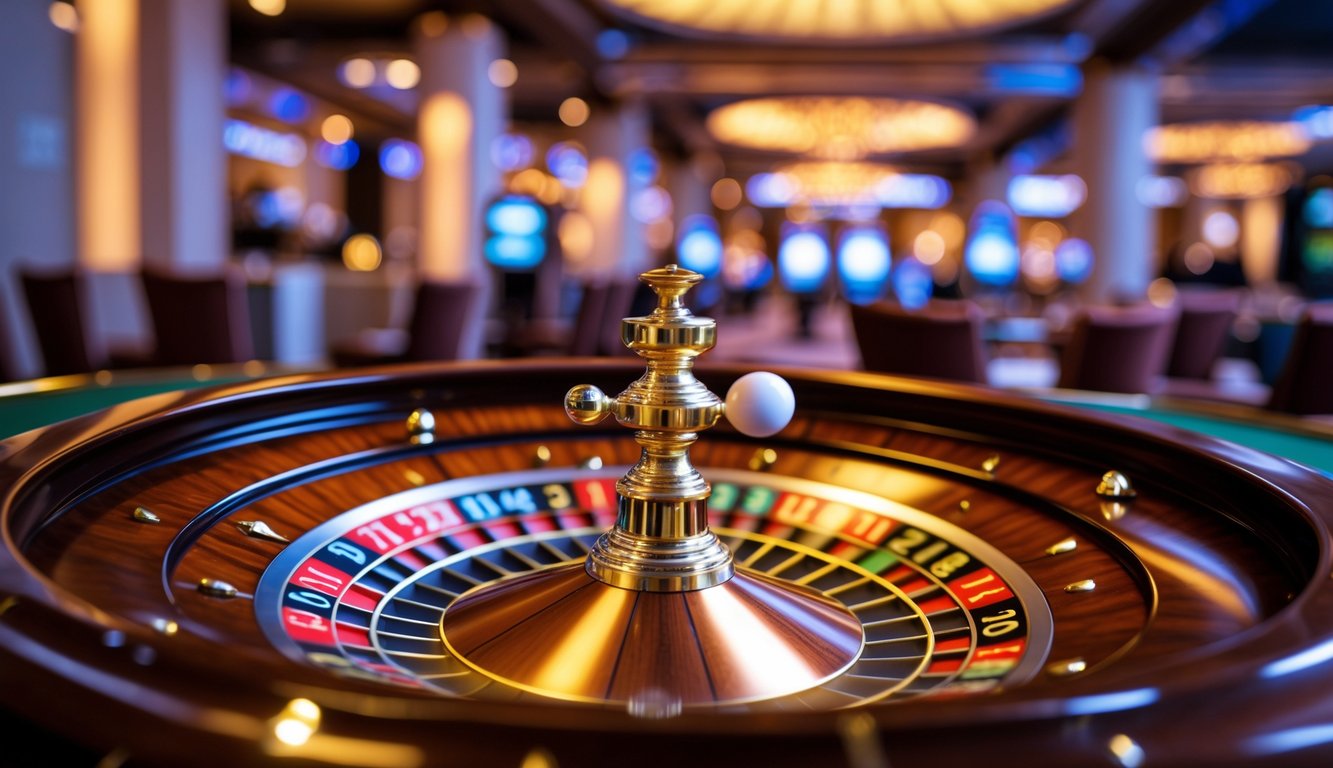 Putaran roda roulette yang sedang berputar di dalam kasino dengan latar belakang dekorasi mewah.