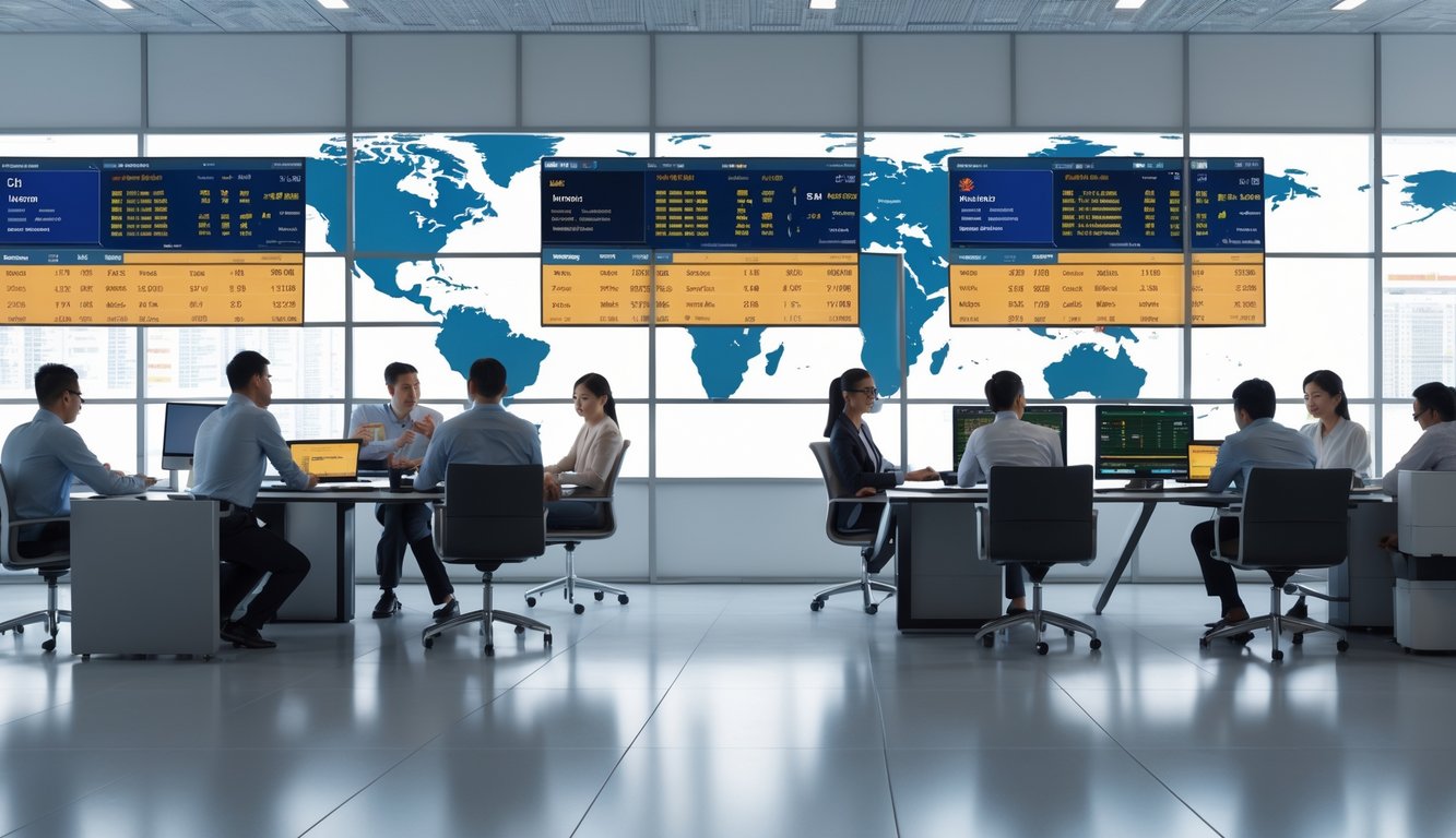 Orang-orang di kantor modern yang sedang melihat data pertandingan sepak bola di layar besar.