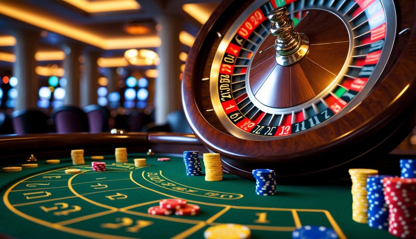 Meja roulette dengan roda yang sedang berputar dan bola yang bergerak, dikelilingi oleh chip taruhan di atas meja hijau.