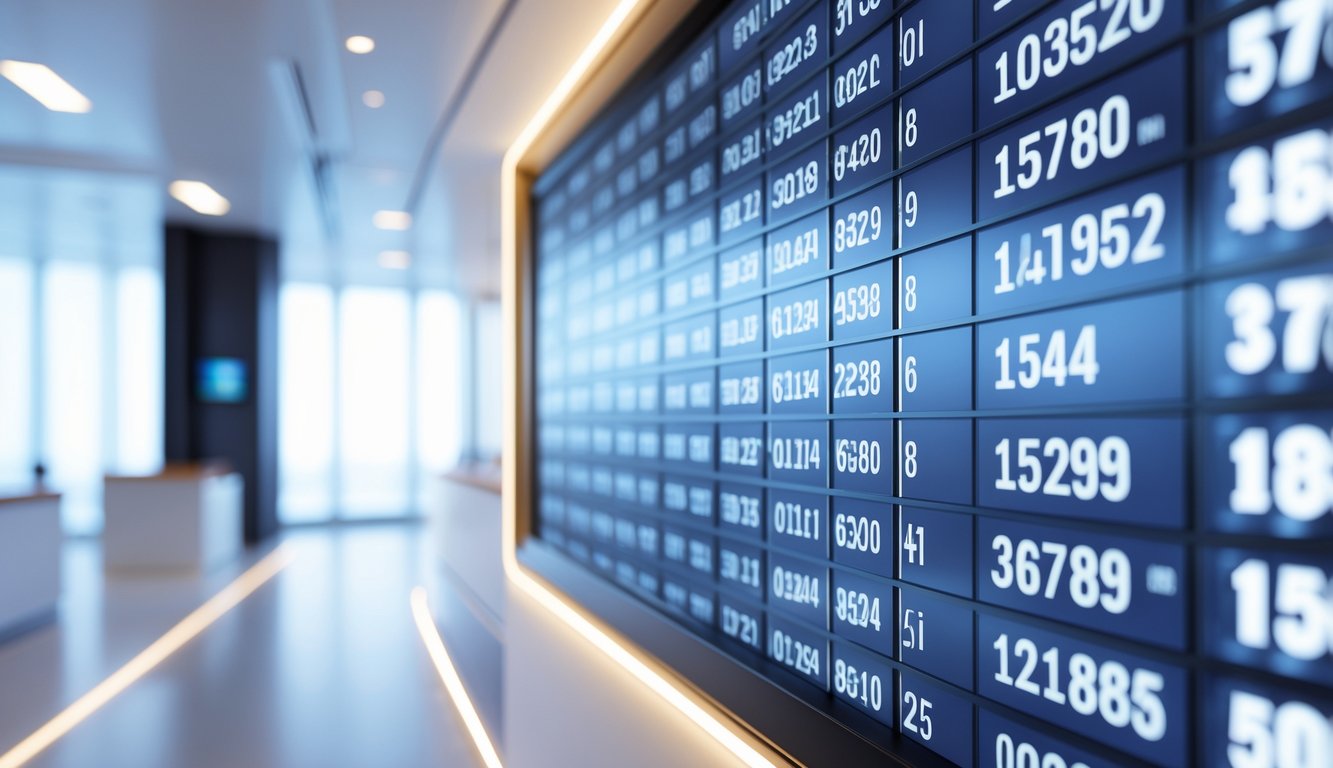 Layar digital menampilkan angka hasil undian dengan latar belakang kantor modern yang terang dan rapi.