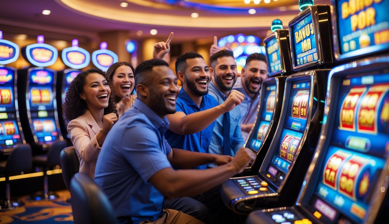 Orang-orang merayakan kemenangan di mesin slot di dalam kasino yang ramai.