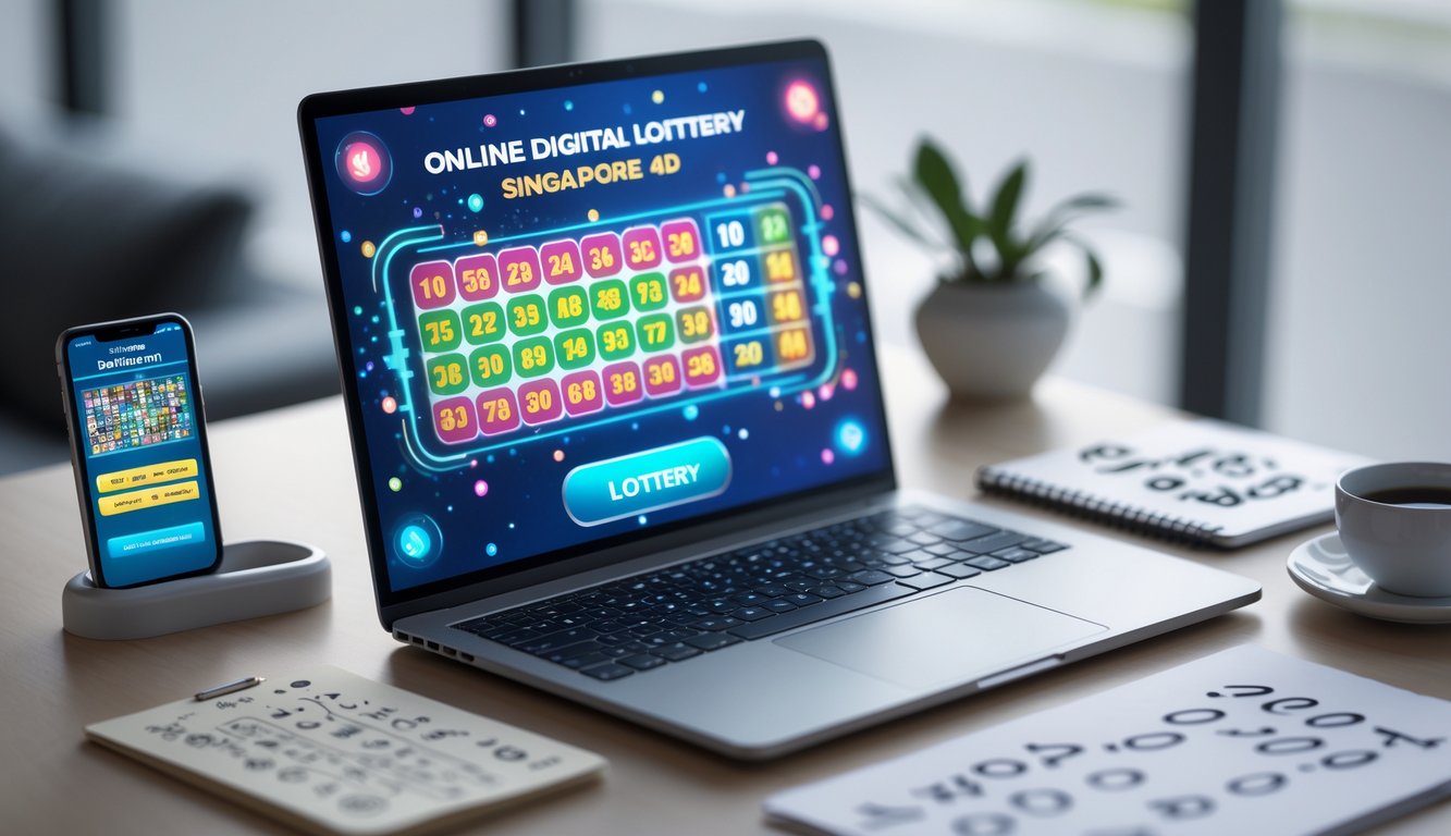 Seorang pria duduk di meja kerja dengan laptop yang menampilkan antarmuka lotere digital dan ponsel di sampingnya, suasana modern dan cerah.