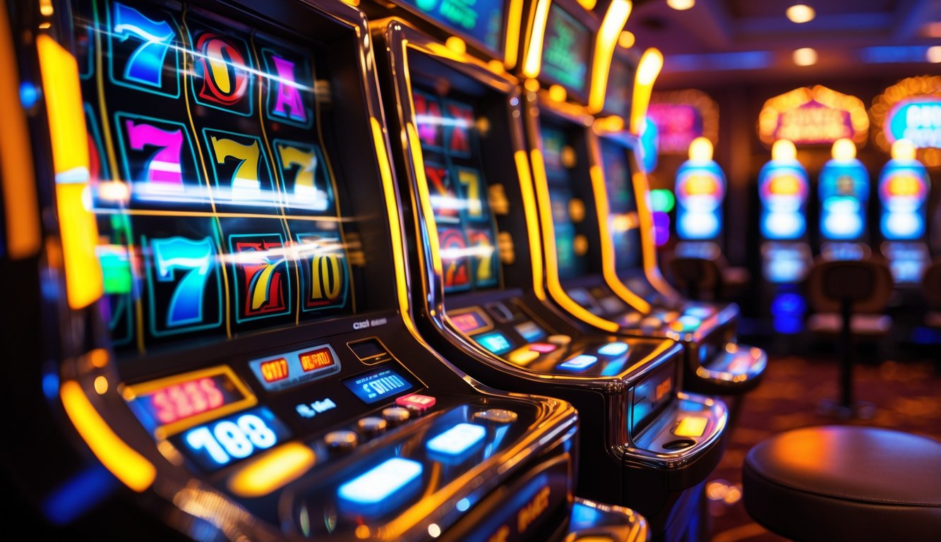 Mesin slot modern berwarna cerah dengan lampu menyala dan koin serta chip kasino di latar belakang.