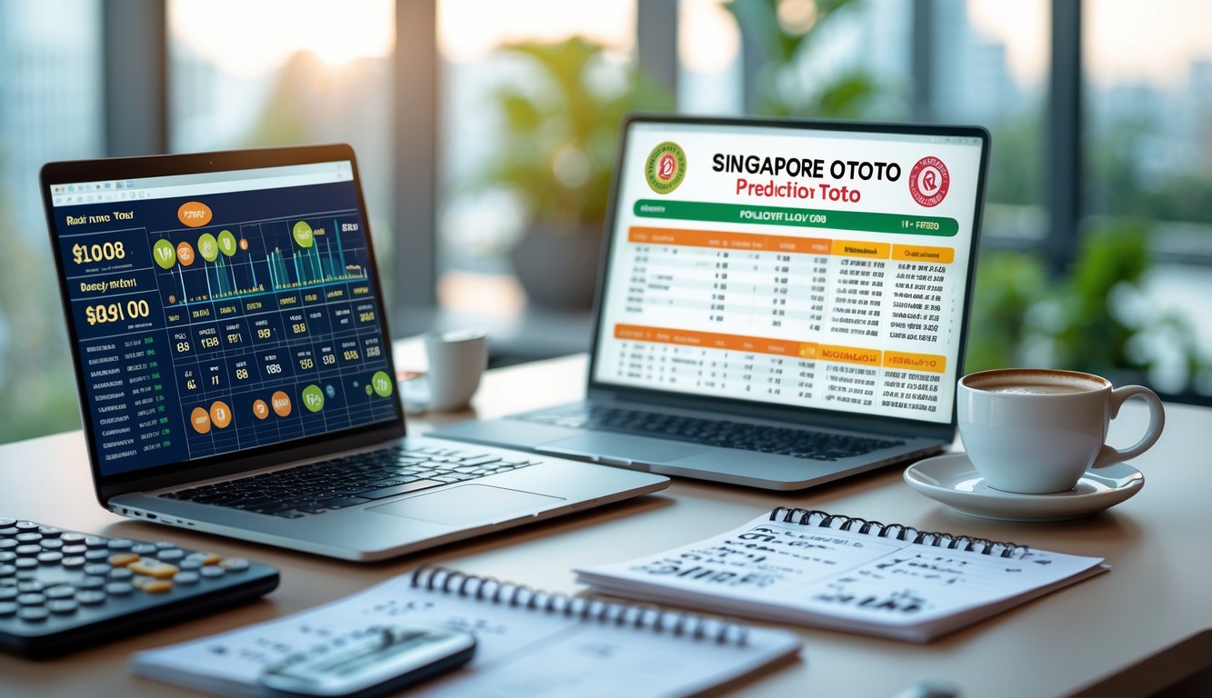 Meja kerja modern dengan laptop, ponsel, kalkulator, dan catatan yang menunjukkan aktivitas prediksi togel.