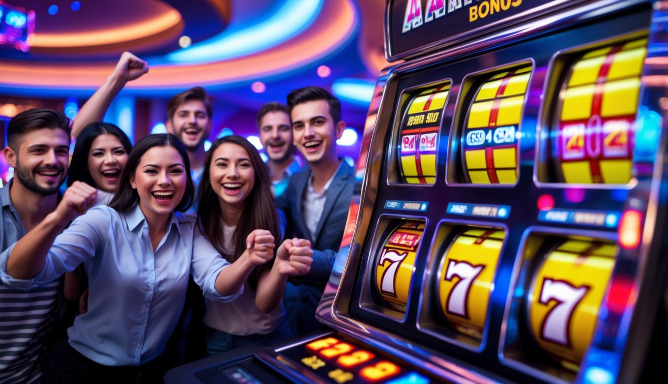 Orang-orang muda yang bahagia merayakan kemenangan di mesin slot berwarna-warni di dalam kasino.