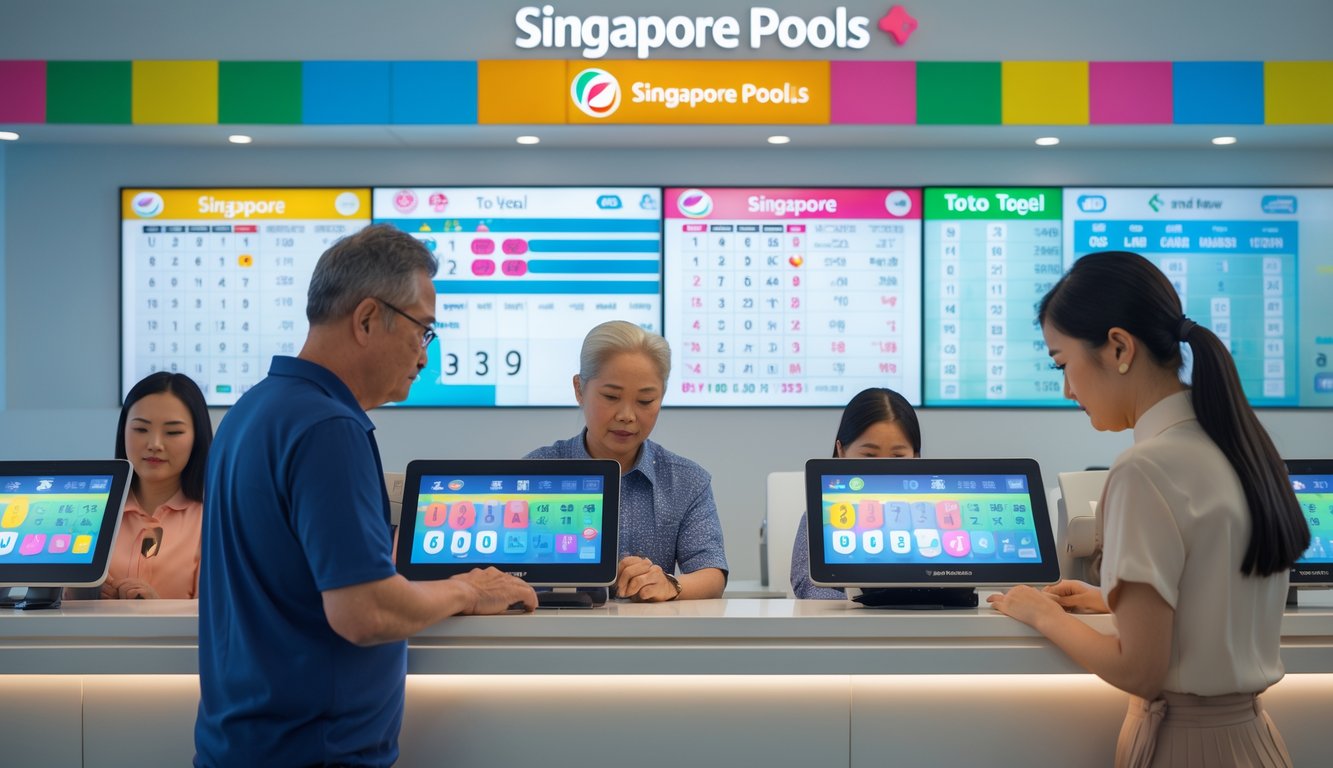 Orang-orang sedang menggunakan sistem lotere di sebuah konter modern dengan layar digital menampilkan angka lotere yang berwarna-warni.