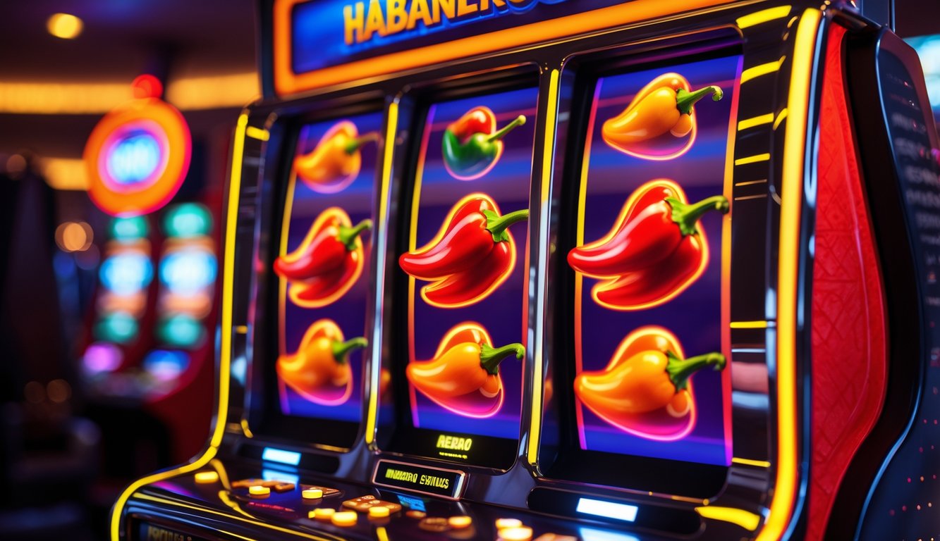 Mesin slot kasino dengan simbol cabai habanero yang cerah dan berwarna merah-oranye.