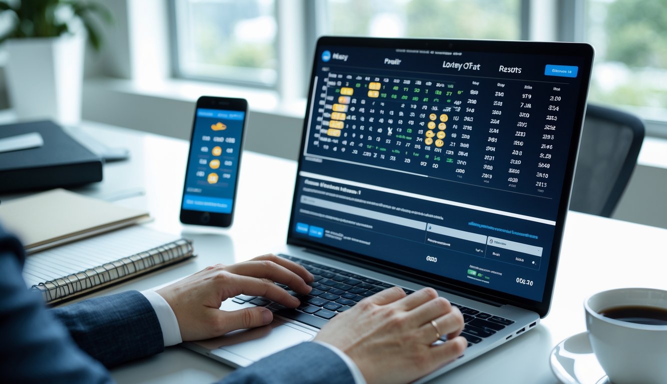 Meja kerja modern dengan laptop yang menampilkan grafik dan angka togel, tangan seseorang sedang mengetik, dikelilingi oleh buku catatan, ponsel, dan secangkir kopi di ruang kantor yang terang.