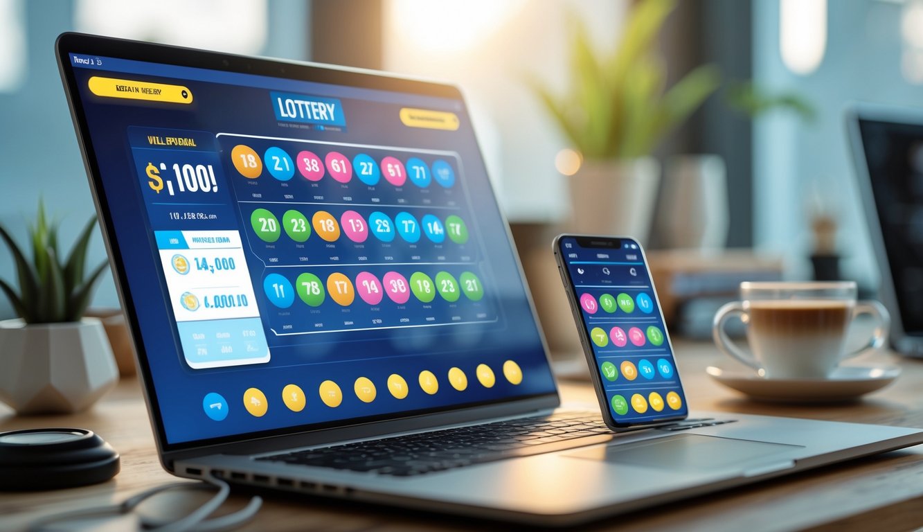Meja kerja modern dengan laptop dan ponsel yang menampilkan antarmuka permainan togel online, di samping cangkir kopi dan tanaman kecil.