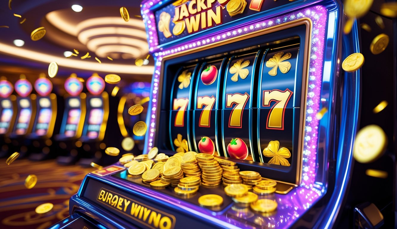 Mesin slot kasino dengan koin emas dan lampu berwarna-warni yang menunjukkan suasana kemenangan jackpot besar.