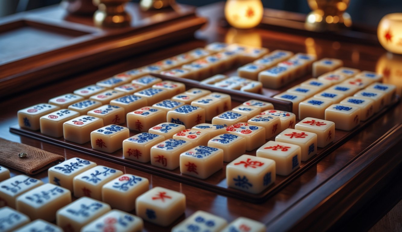 Meja permainan mahjong dengan ubin mahjong yang rapi dan pencahayaan hangat.
