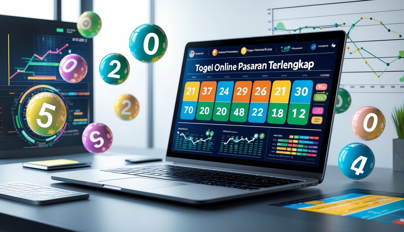 Sebuah meja kerja dengan laptop menampilkan grafik dan angka terkait pasar togel online, dikelilingi oleh elemen digital seperti bola togel holografik dan grafik tren pasar.